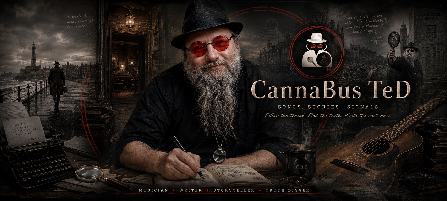 CannaBusTeD — writer at a worn desk in red glasses, lighthouse and harbor receding behind him